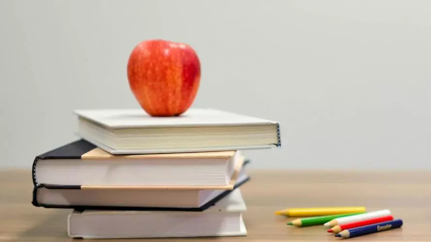 an apple on a pile of books on a desk